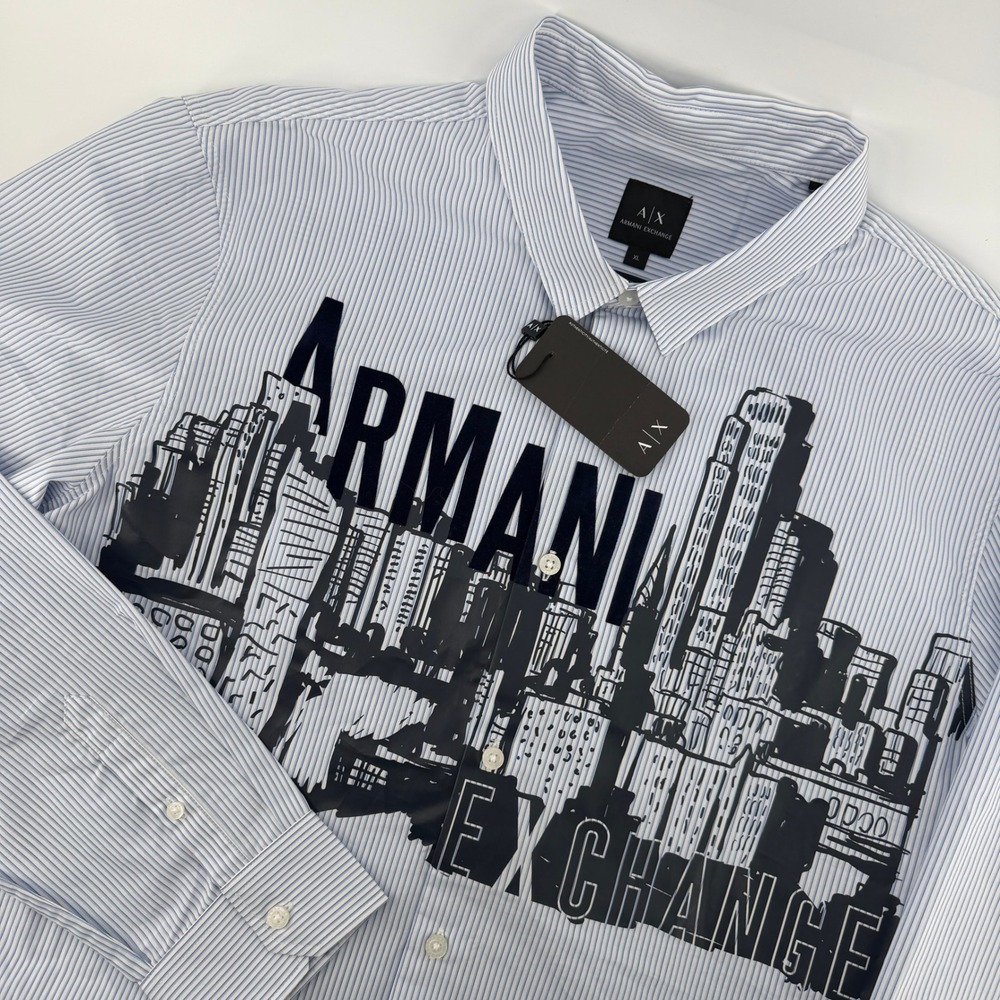 NWT Armani Exchange Long Sleeve Shirt Mens XL Blue White Striped City Skyline
